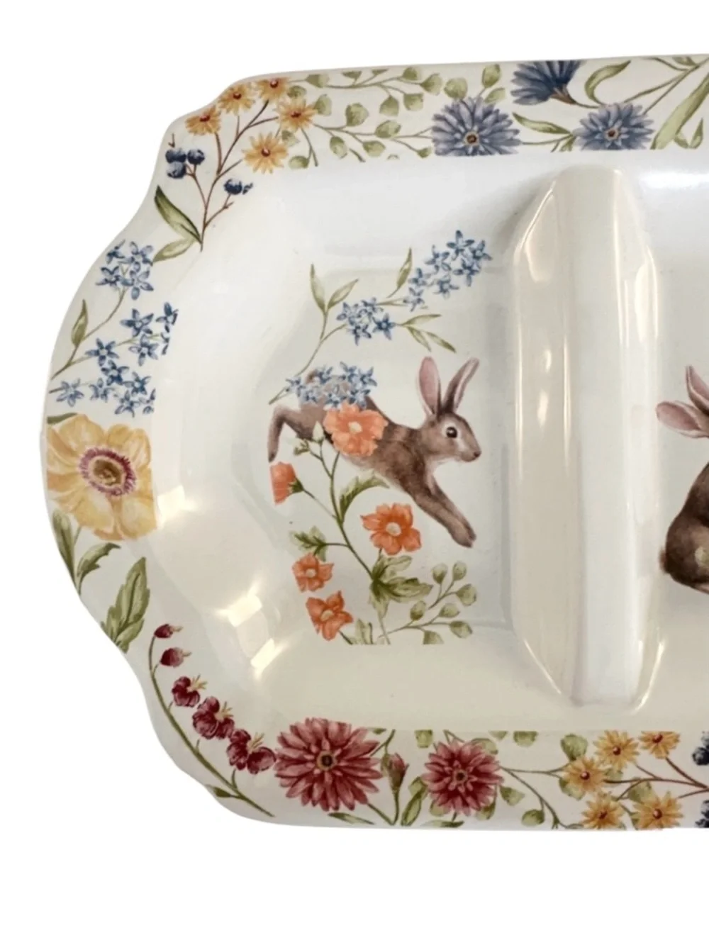 Pottery Barn Spring Garden Floral Bunny Stoneware Serving Dish Spring Summer New